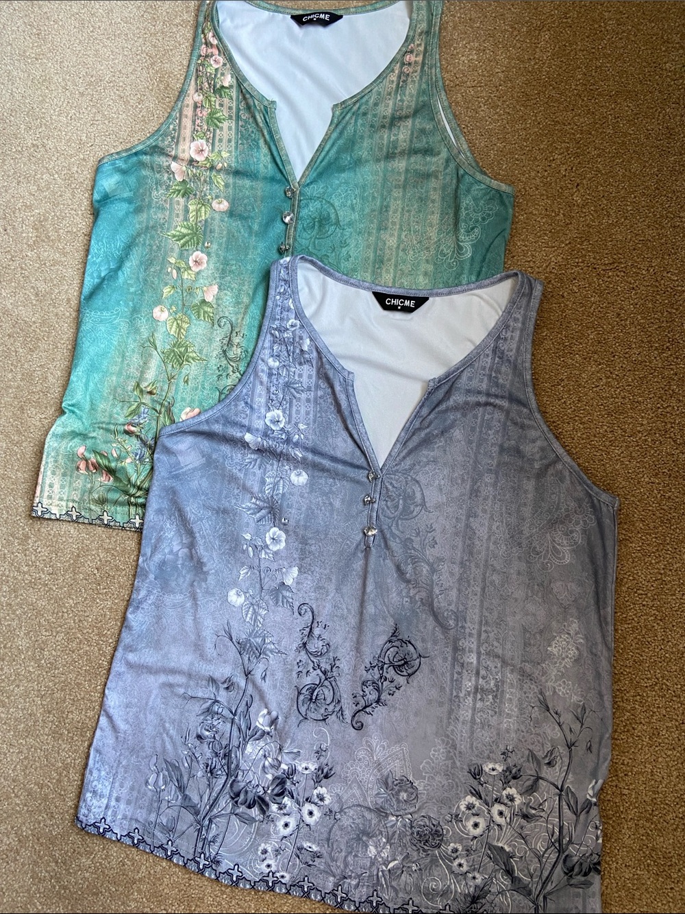 Set of 2 Floral Print V-Neck Tank - Teal & Gray